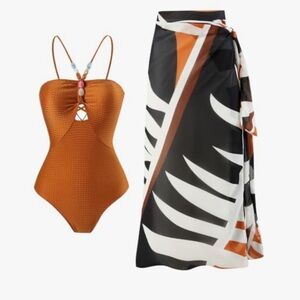 One piece beaded swimsuit with matching sarong skirt orange rust small‎ new